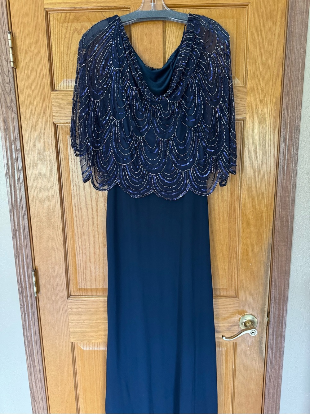 J Kara Navy Beaded Cape Maxi Dress